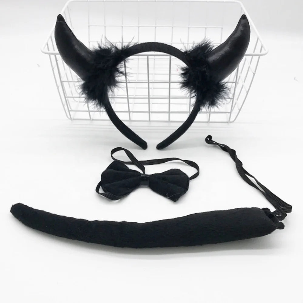 Easter and Thanksgiving 3 Devil Horn Headband Red Devil Tail Bow Tie Red Pitchfork Devil Cosplay Headband Accessories Halloween Devil Costume Set