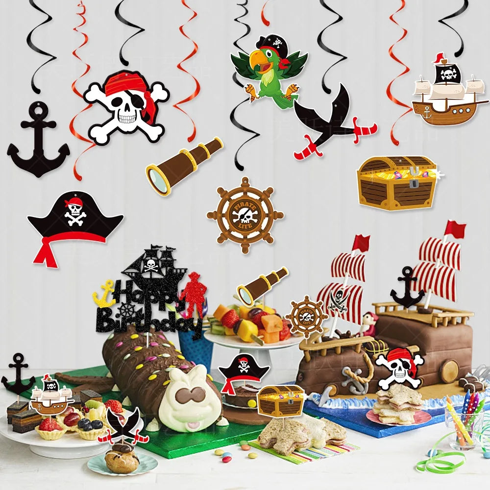 Halloween & Death Day, Party Decoration Pirate Birthday Decoration Set Paper Banner Pirate Spiral Hanging Cake Top Hat Decoration Party