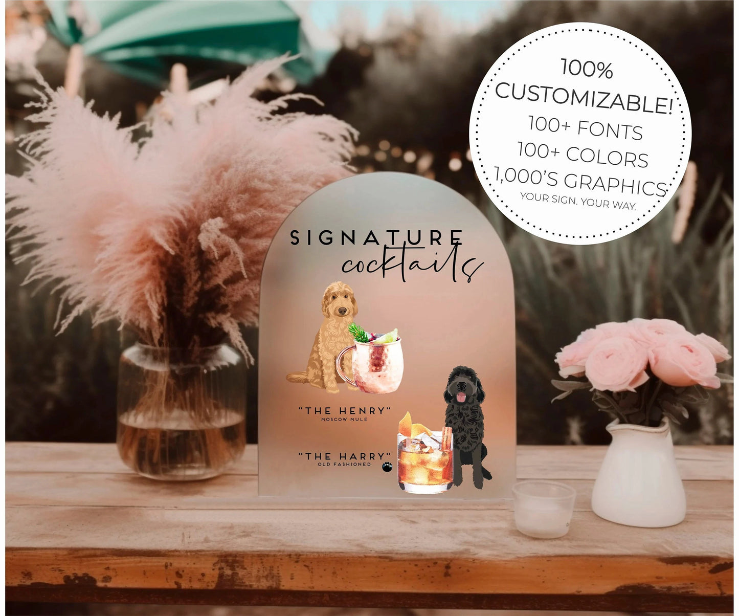 1 Wedding Party, Signature Cocktail Frosted Acrylic Wedding Bar Logo Custom Wedding Bar Logo Personalized Bar Drink Logo Menu After Party