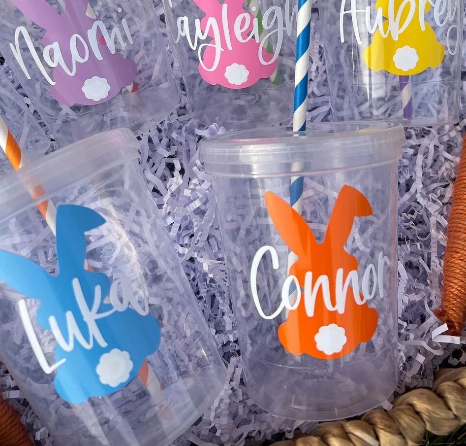 Easter and Thanksgiving 3 Bunny Party Cup Set Disposable Lid Straw Set Easter Party Favorite Children's Gifts Cute Bunny Tumbler with Lid and Straw