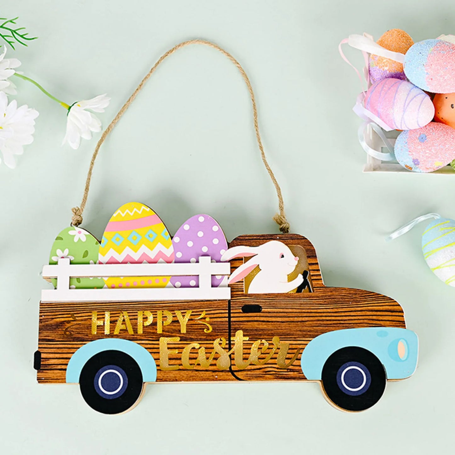 Easter and Thanksgiving 3 Decorative Wooden Car Egg Rabbit Home Decorative Dining Table Party Decorative Easter Pendant