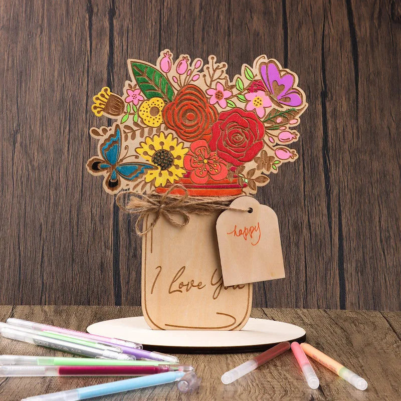 Wooden Crafts, Laser Wood Flower Bouquet Card DIY Flower Blank Children Color Filled Greeting Card Mom Grandma Mother's Day Greeting Card Gifts