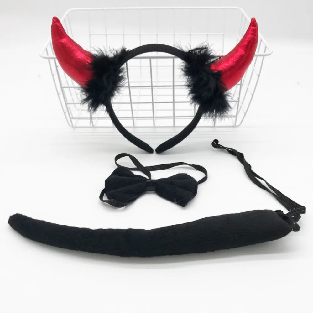 Easter and Thanksgiving 3 Devil Horn Headband Red Devil Tail Bow Tie Red Pitchfork Devil Cosplay Headband Accessories Halloween Devil Costume Set