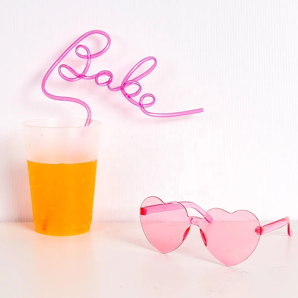 Bachelorette Party 1 Heart Shaped Sunglasses Bridal Straw and Heart Shaped Frameless Sunglasses Pink Transparent Frameless Glasses