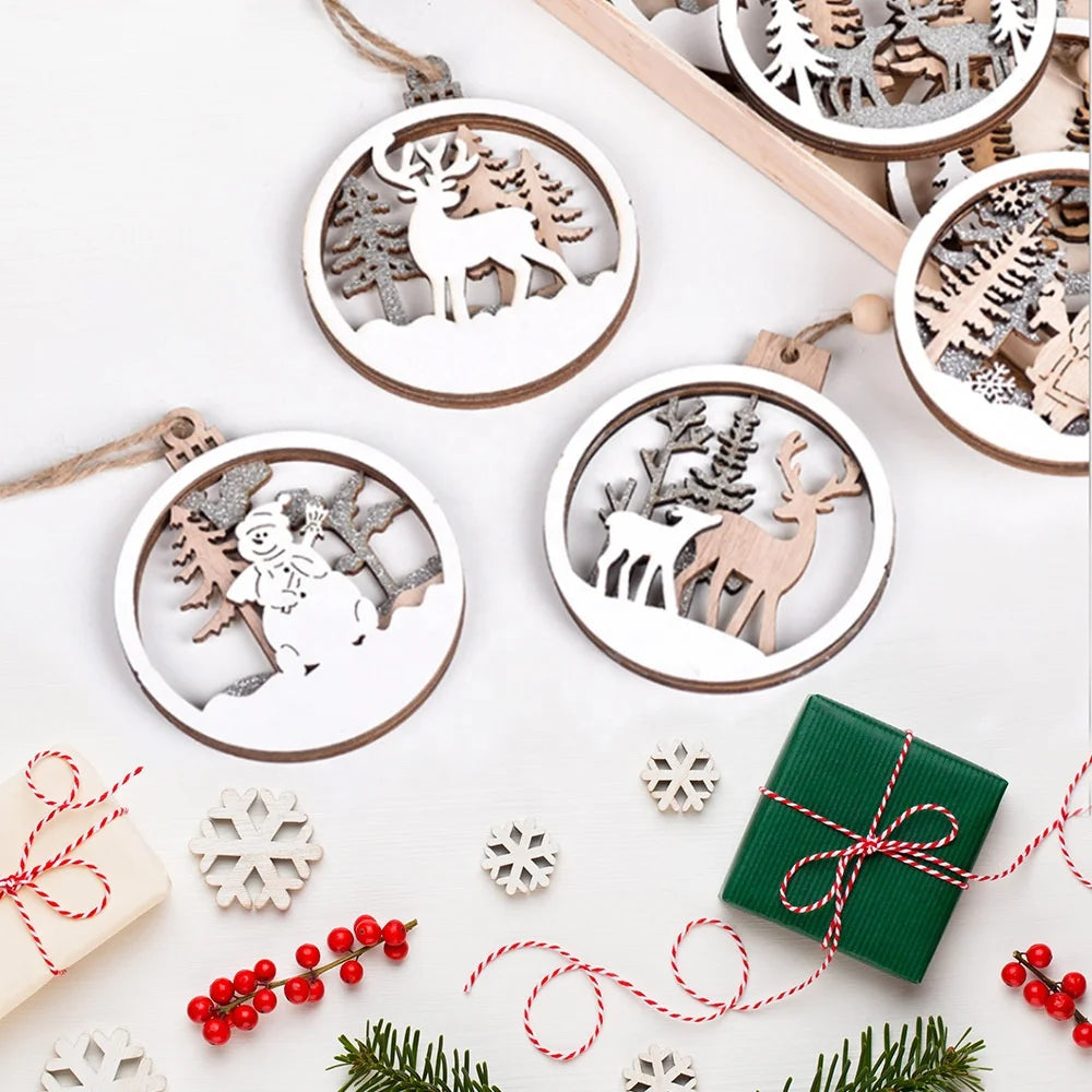 Laser 3D printing Christmas hollow round wooden pendant creative Christmas elk snowman Christmas tree wooden pendant
