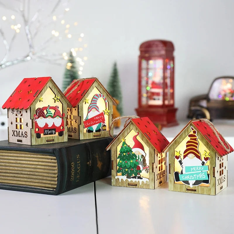 Christmas Tree Ornament Light Emitting Diode Yeti Colorful House with Candle Light Christmas Light Emitting Diode Wooden Gnome Doll Pendant 
