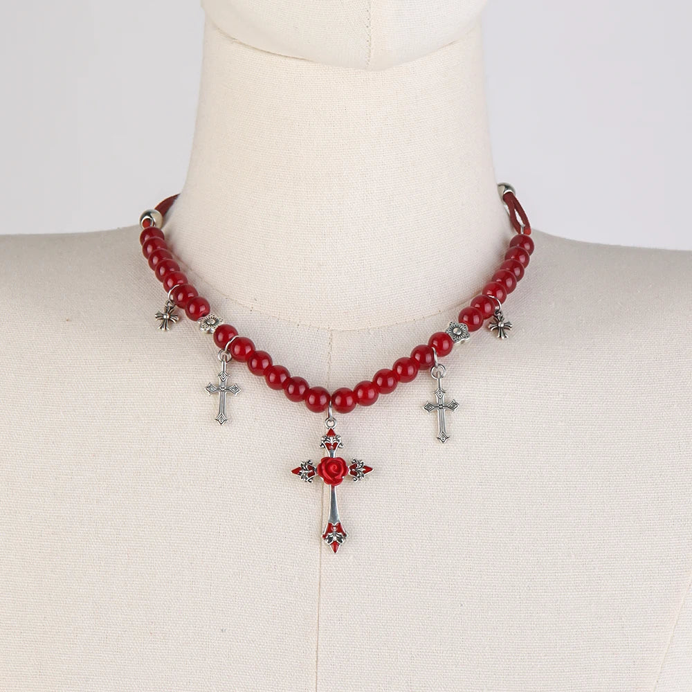 Halloween & Day of the Dead Gothic Cross Necklace Silver Pendant with Black or Red Glass Stone