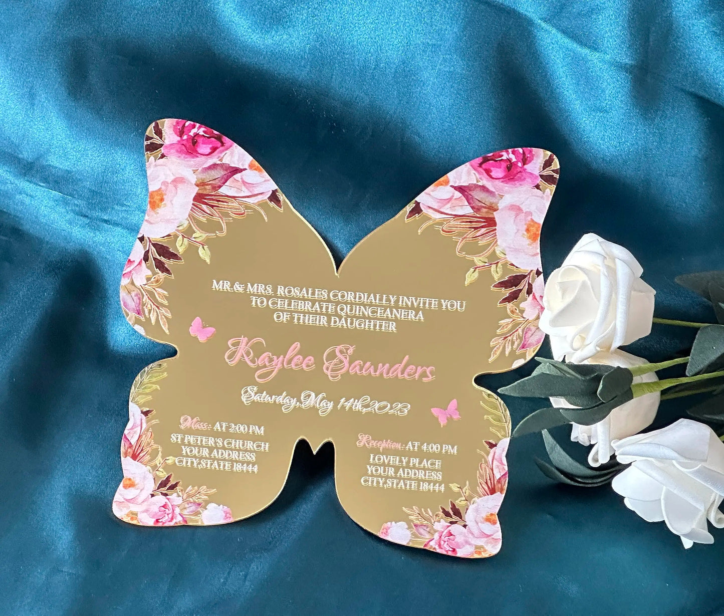 1 Wedding party, custom acrylic birthday invitation mirror acrylic bar mitzvah invitation butterfly shape rose acrylic wedding invitation