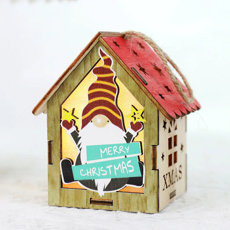 Christmas Tree Ornament Light Emitting Diode Yeti Colorful House with Candle Light Christmas Light Emitting Diode Wooden Gnome Doll Pendant 