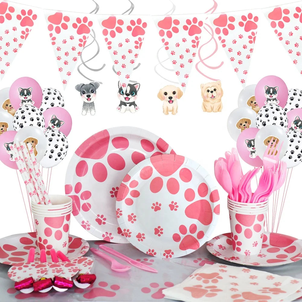 Pet Festival, New Pet Birthday Party Decoration Flag Dog Paws Balloon Pink Tableware Set Party Supplies