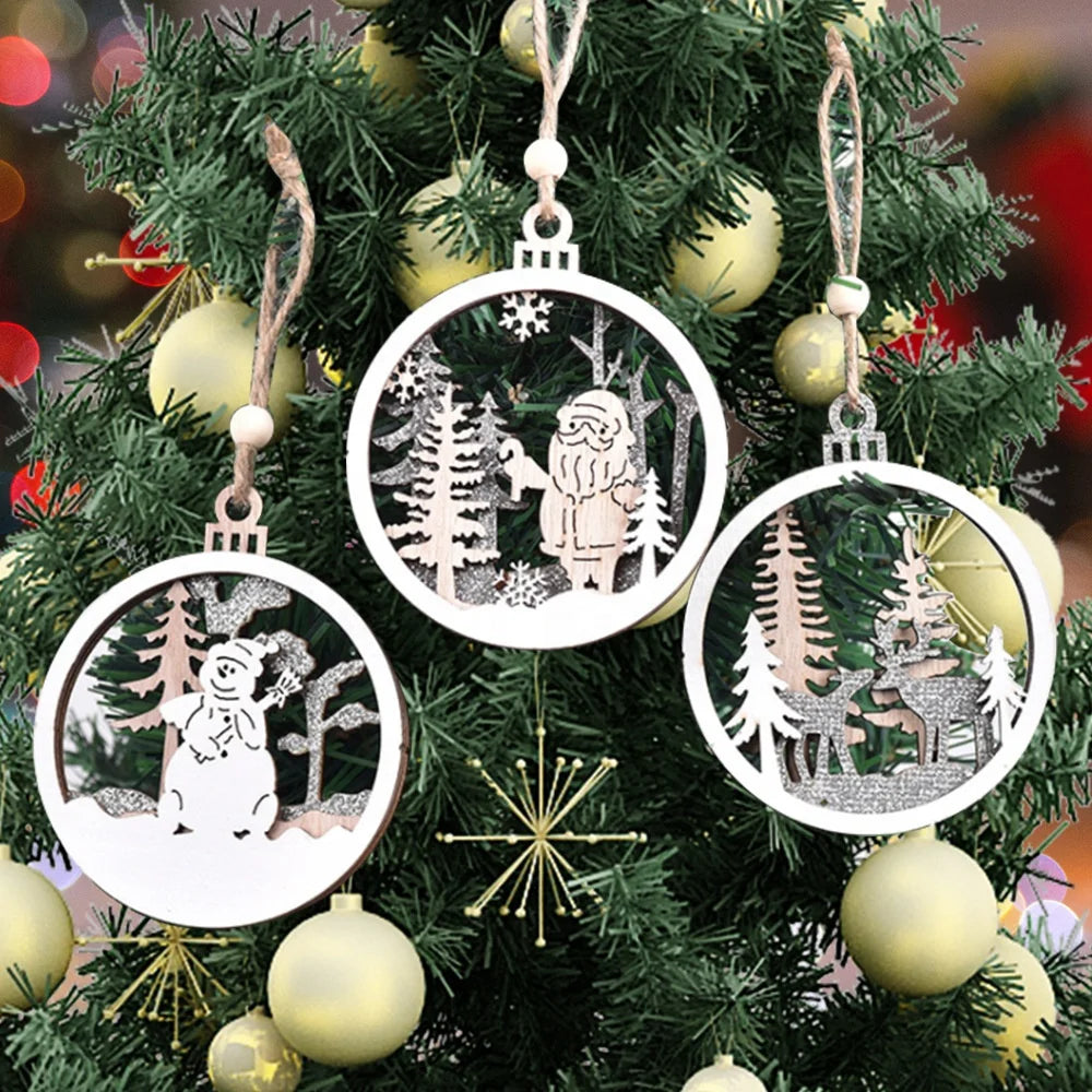 Laser 3D printing Christmas hollow round wooden pendant creative Christmas elk snowman Christmas tree wooden pendant