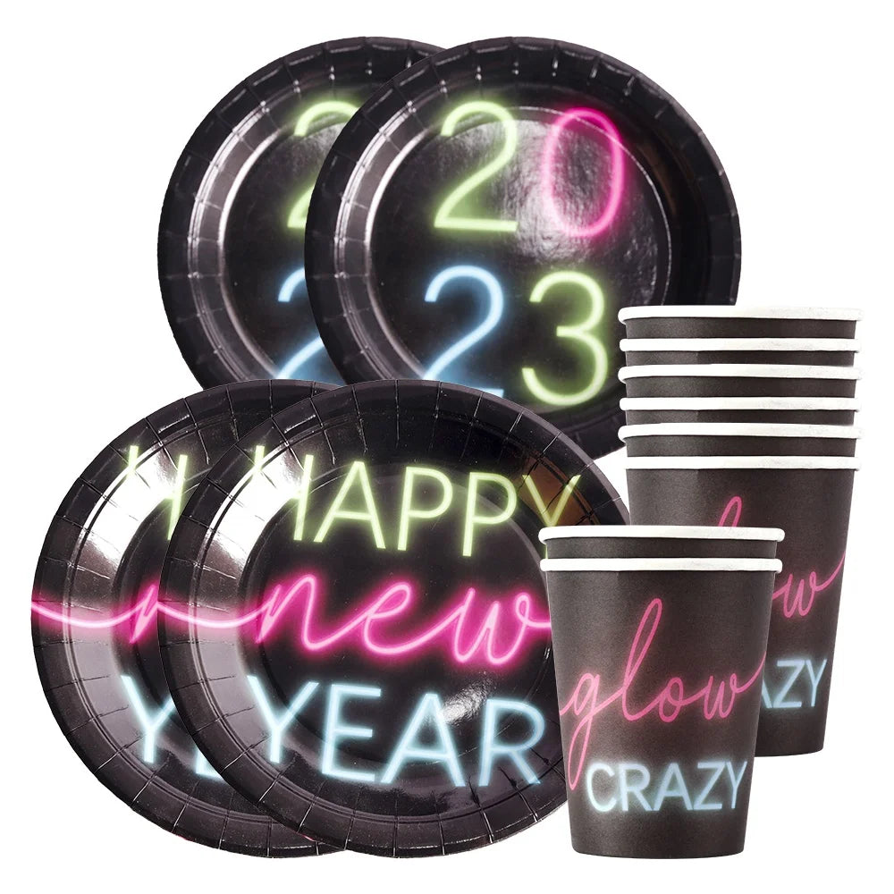 New Year's Eve, happy party supplies, neon birthday party tableware set, the delivery will automatically adjust the latest number of years.