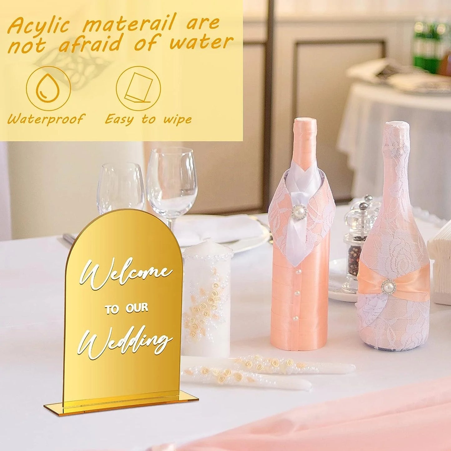 1 wedding party, wedding table 4 pcs arched acrylic wedding reception logo with bracket gold gift and card logo with bracket