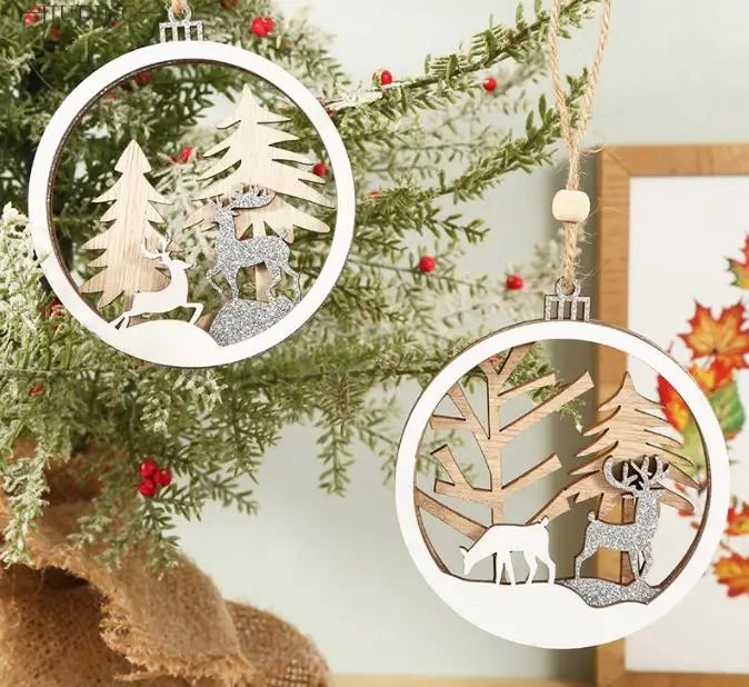 Personalized Design Round Plywood Christmas Day Souvenir Decoration Hollow Elk Kim Cong Powder Christmas Tree Pendant