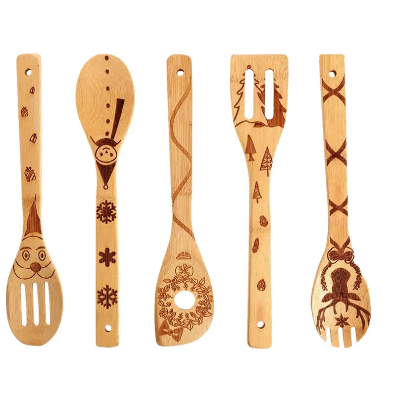 OEM 5pck Bamboo Utensil Set Pattern Burned Spoons Kitchen Slotted Spoon House Warming Presents Holiday Gift