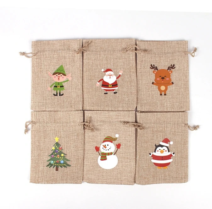 10 * 14Cm 6pcs/set custom Christmas burlap gift bag pull rope candy wrapping paper Christmas party supplies Christmas pull rope gift bag 
