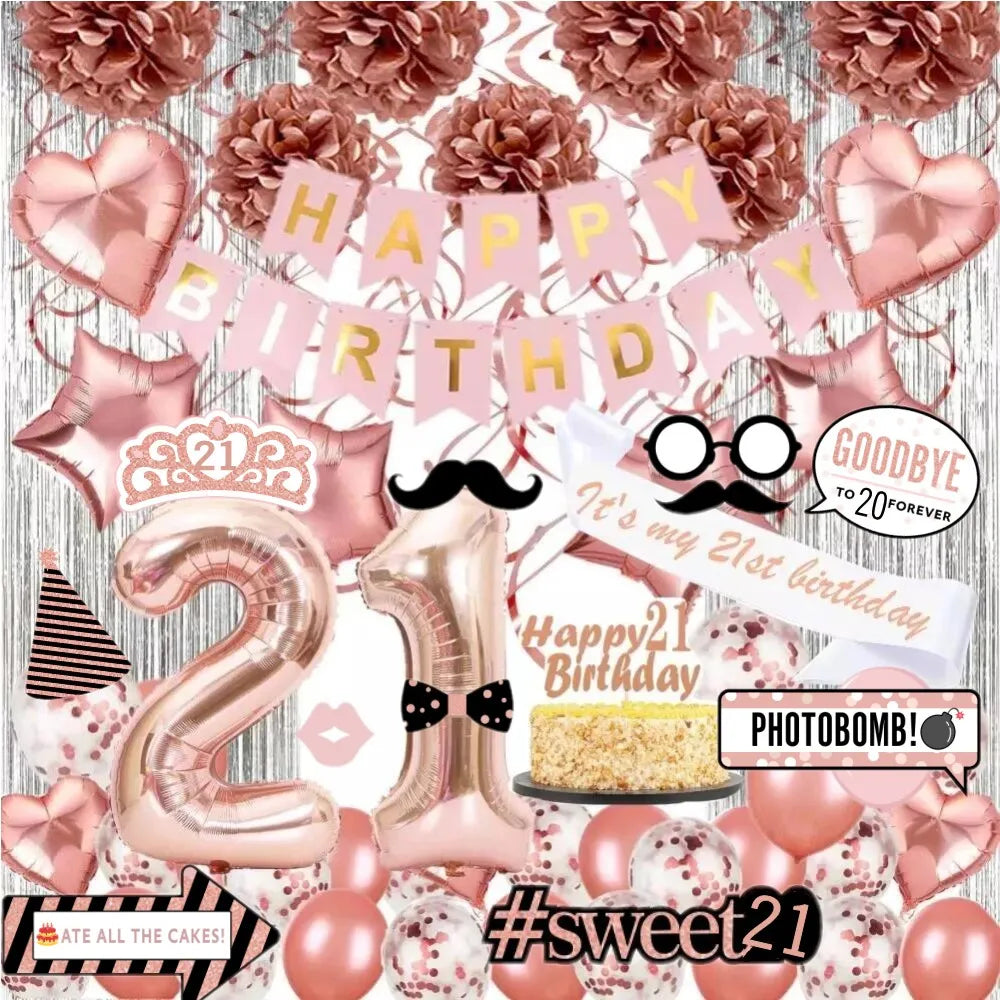 1 Wedding Party, Rose Happy Birthday Aluminum Foil Balloon Wedding Birthday Baby Shower Graduation Rose Gold Birthday Party Decoration Set