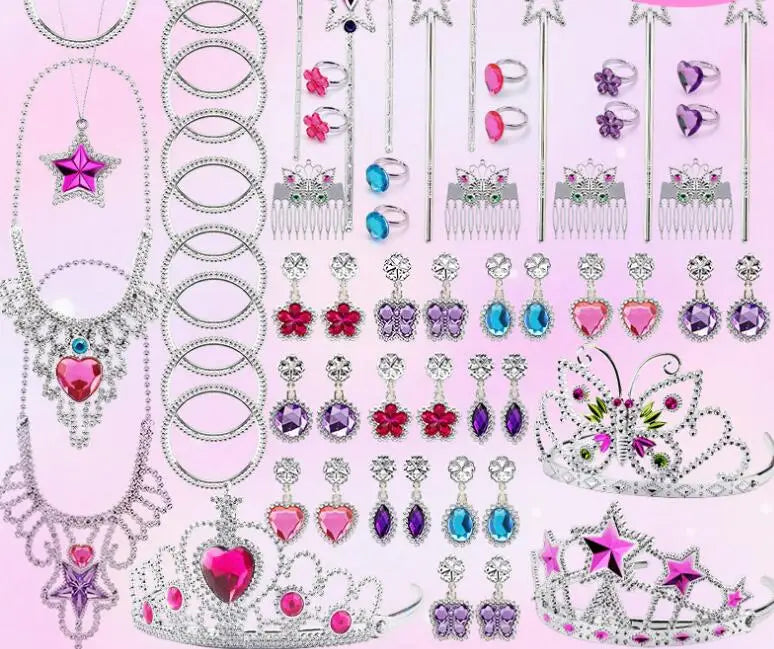 Birthday Party 2 Princess Accessories Toys Pretend Game Set Crown Wand Necklace Bracelet Ring Earrings Princess Dress Up Birthday Party Supplies
