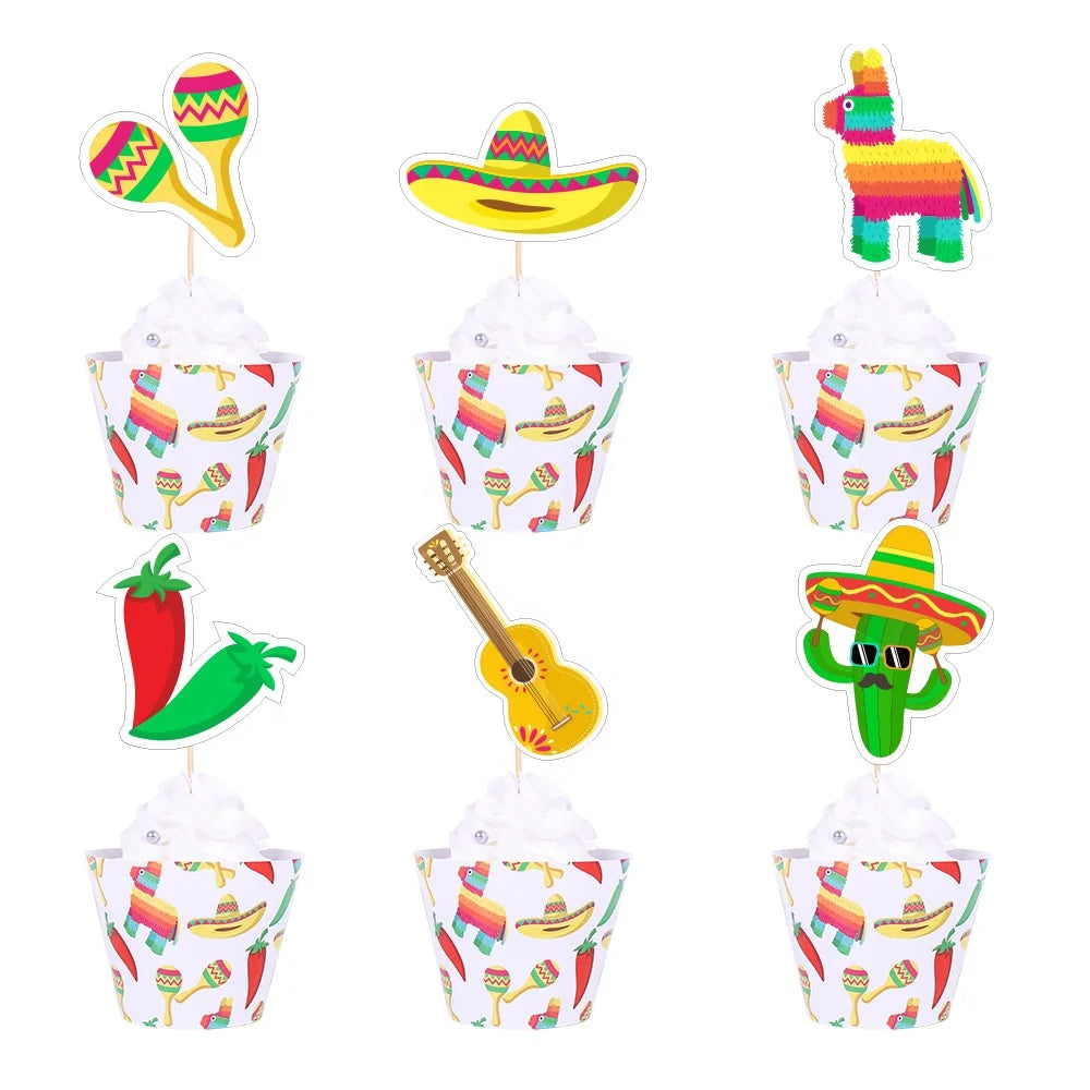 12 Mexican Themed Party Cake Tops Served with 12 Mexican Themed Party Decorations Welcome Birthday Cake Tops
