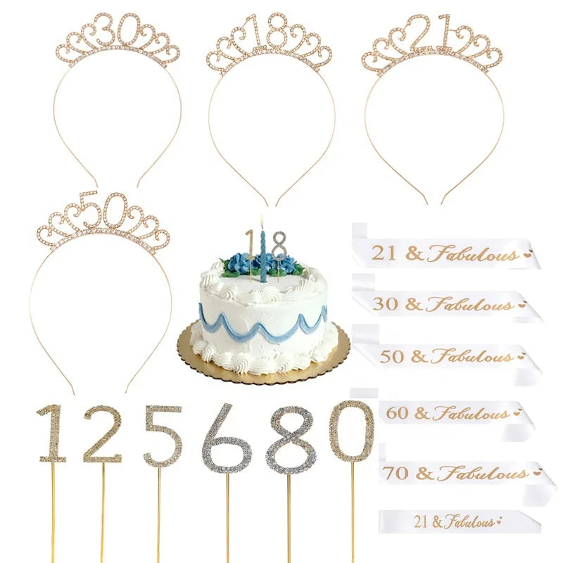 Festa de Aniversário 2 Mulheres Aniversário Glitter Coroa Menina Bolo Top Hat Etiqueta Cinto Cinto de Aniversário Alça de Ombro Festa Chapéus Conjunto Decorativo 