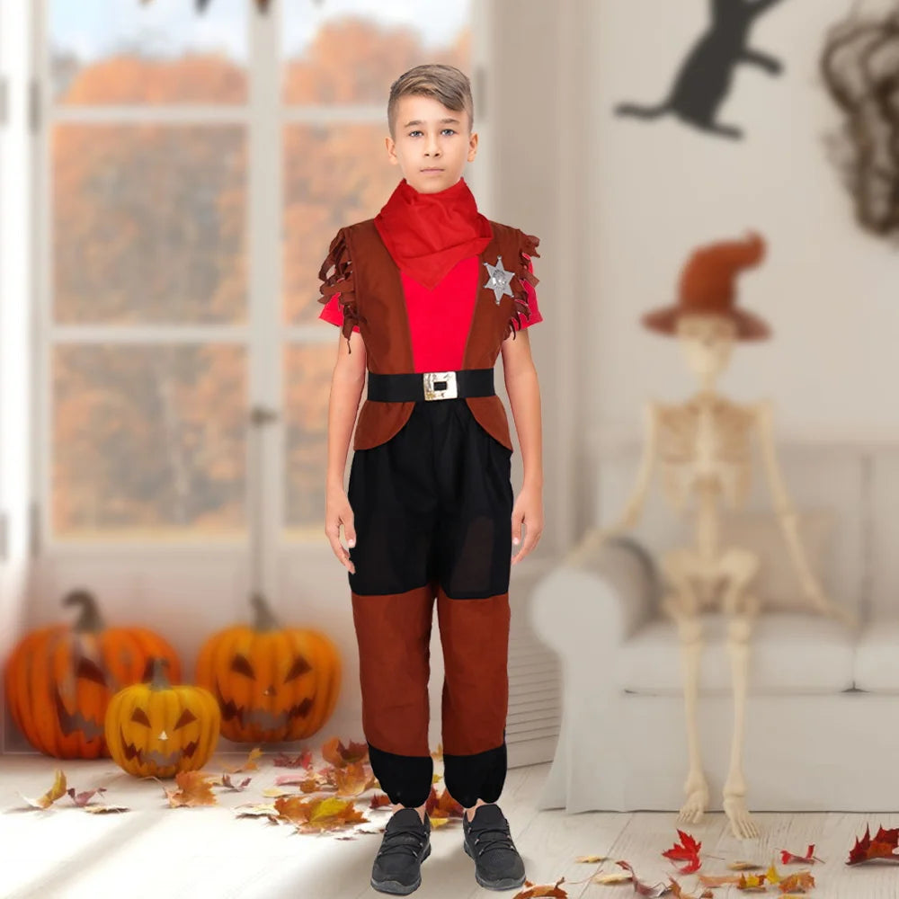 Fantasia de Halloween e Dia dos Mortos de 110 cm, conjunto de 3 peças de fantasia de xerife, traje infantil, conjunto de calças e blusa de polícia 