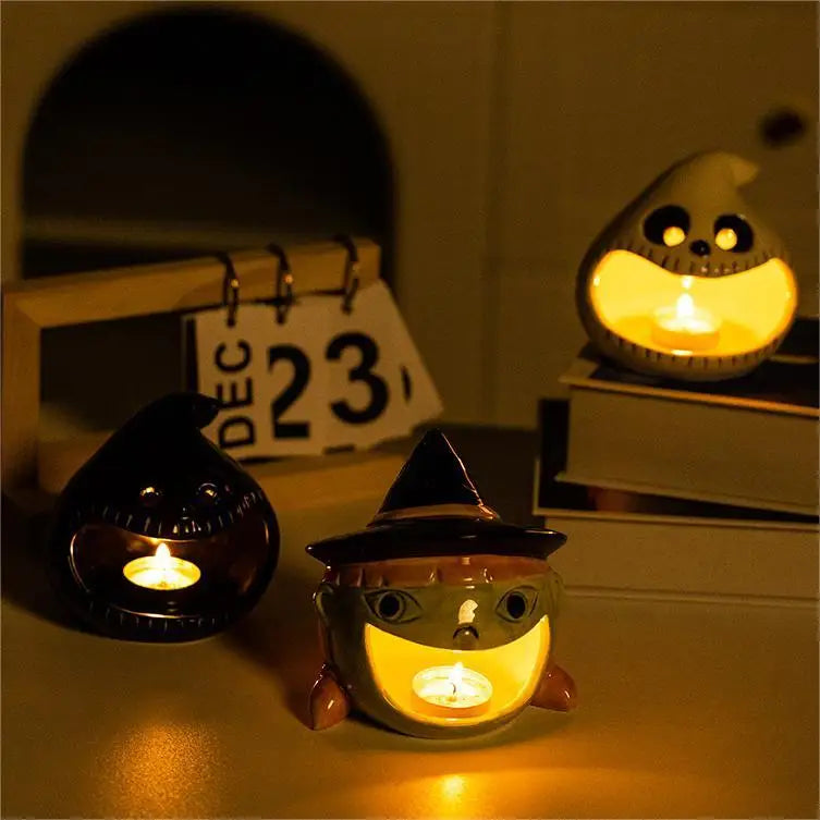 Halloween & Day of the Dead Party Decoration Multifunctional Tabletop Decoration Ghost Candlestick Ceramic Candlestick