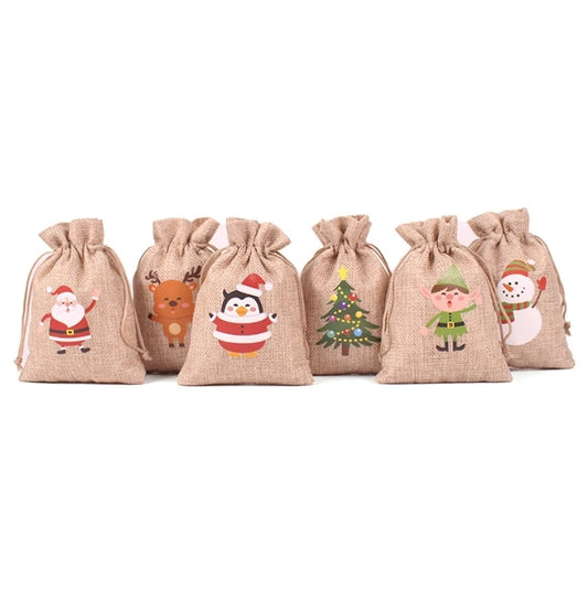 10 * 14Cm 6pcs/set custom Christmas burlap gift bag pull rope candy wrapping paper Christmas party supplies Christmas pull rope gift bag
