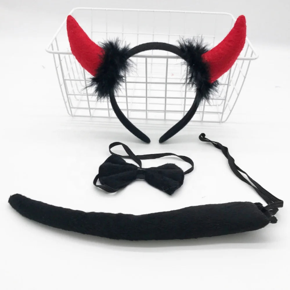 Easter and Thanksgiving 3 Devil Horn Headband Red Devil Tail Bow Tie Red Pitchfork Devil Cosplay Headband Accessories Halloween Devil Costume Set
