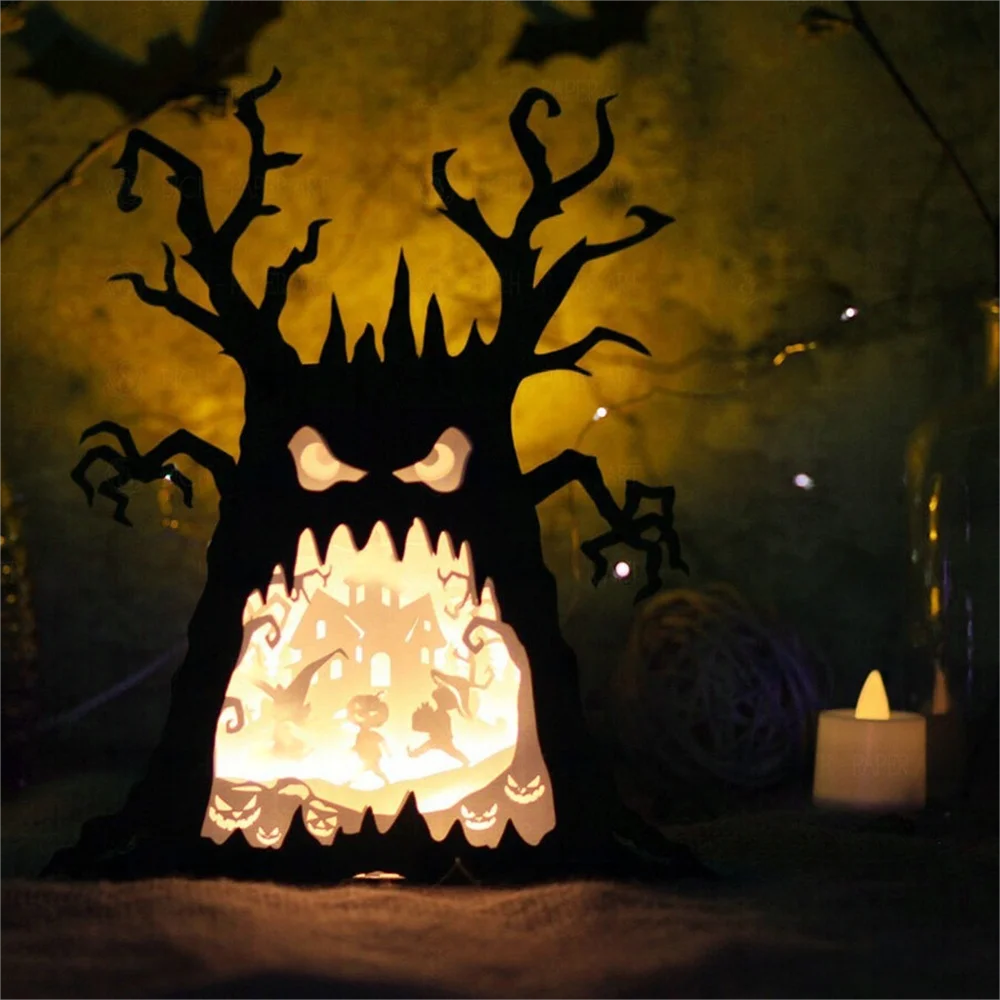 Halloween & Death Day Custom Party Novelty 3D Paper Carving Shadow Light Shaped Ghost Tree Halloween Party Table Decoration