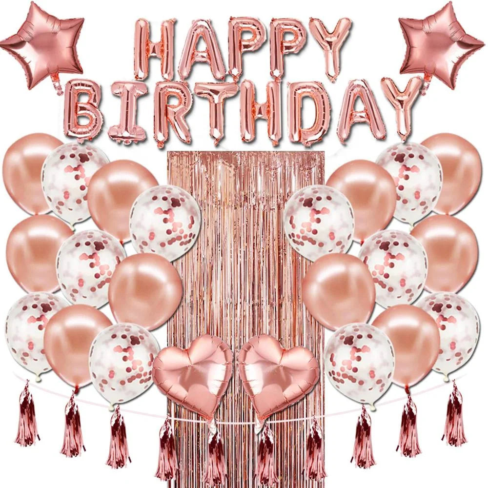Birthday Party 2 Rose Gold Birthday Party Supplies Happy Birthday Banner Star Heart Foil Balloon Rose Gold Birthday Party Decoration Set