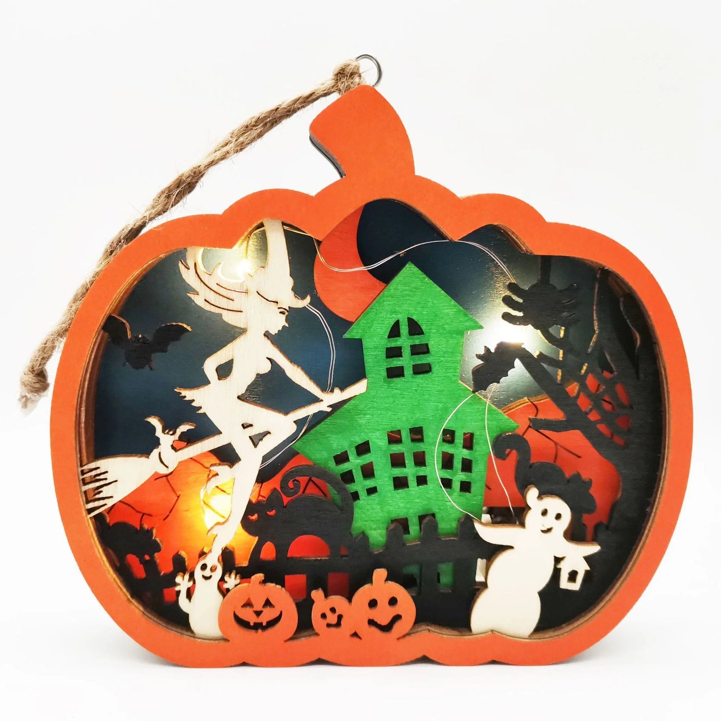 Wooden crafts, halloween jack-o-lantern wooden pendant wooden pumpkin ornament wood carving pattern decoration with lamp