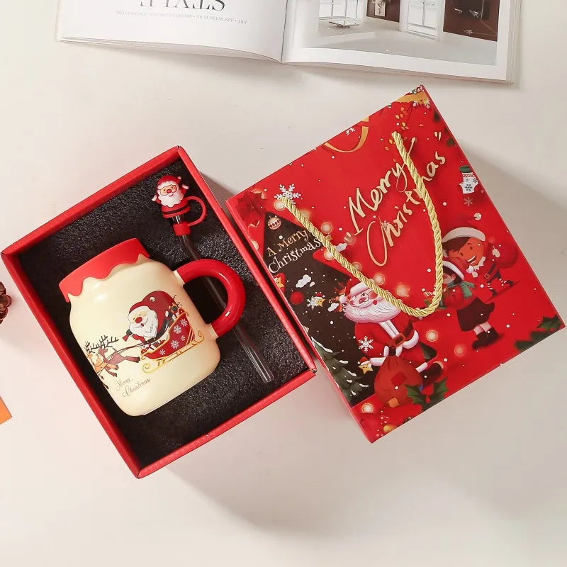 Coffee Cup 2025 New Christmas Coffee Cup and Straw Gift Box Set Wedding Christmas Gift Cute Ceramic Santa Coffee Cup