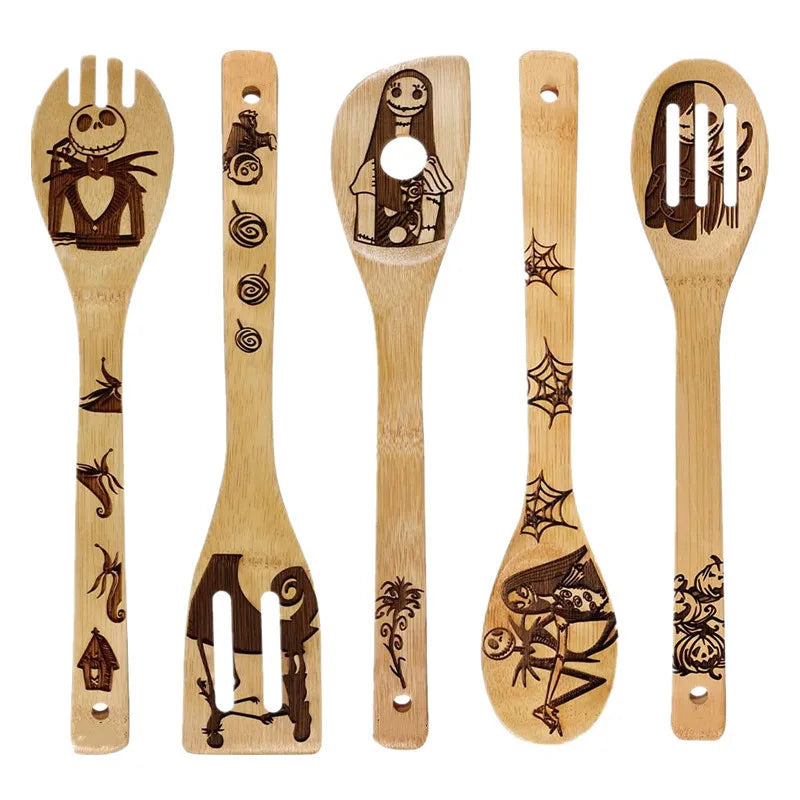 OEM 5pck Bamboo Utensil Set Pattern Burned Spoons Kitchen Slotted Spoon House Warming Presents Holiday Gift