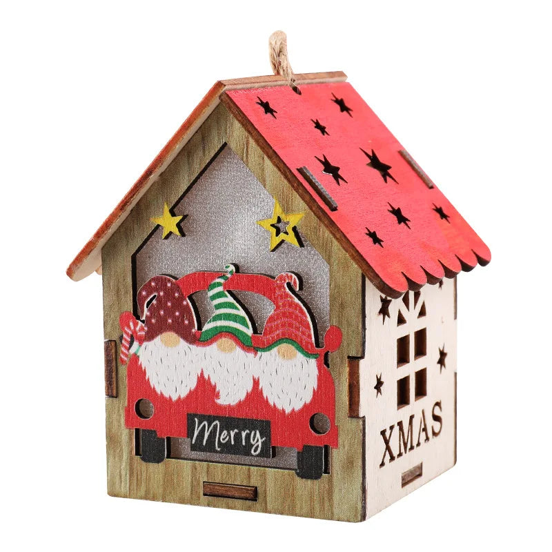 Christmas Tree Ornament Light Emitting Diode Yeti Colorful House with Candle Light Christmas Light Emitting Diode Wooden Gnome Doll Pendant 