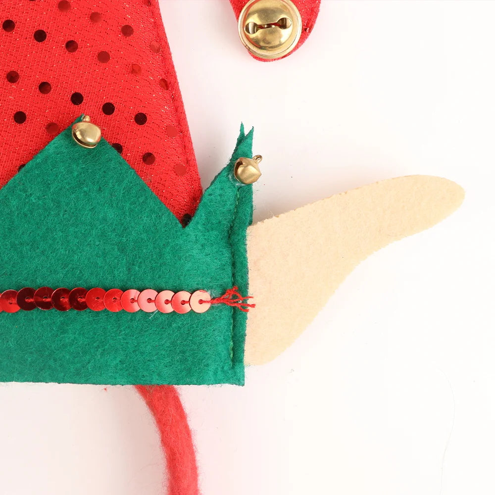 Popular promotion 2025 new beautiful fabric Christmas elf ears elk antlers bells handmade flower red hat headband