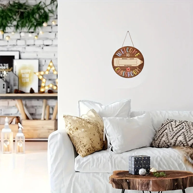 Wooden Crafts, Welcome to Classroom Decoration Wooden Round Signs Door Decoration Wall Art Interior Coffee Bar Restaurant Home Decoration