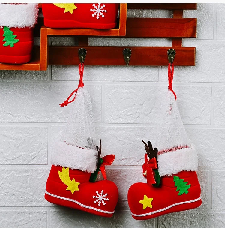 Large Christmas Stocking Christmas Tree Ornaments Kids Candy Bag Apple Bag Flocking Boots Hanging Christmas Party Decorations
