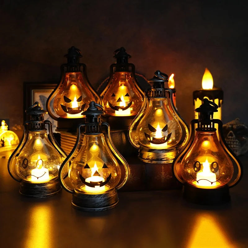 Adereços decorativos para Halloween e Dia dos Mortos, lanterna Jack-o' - Lanterna com luz de vela, festival fantasma, lanterna portátil, luz de mesa para Halloween, diodo emissor de luz 
