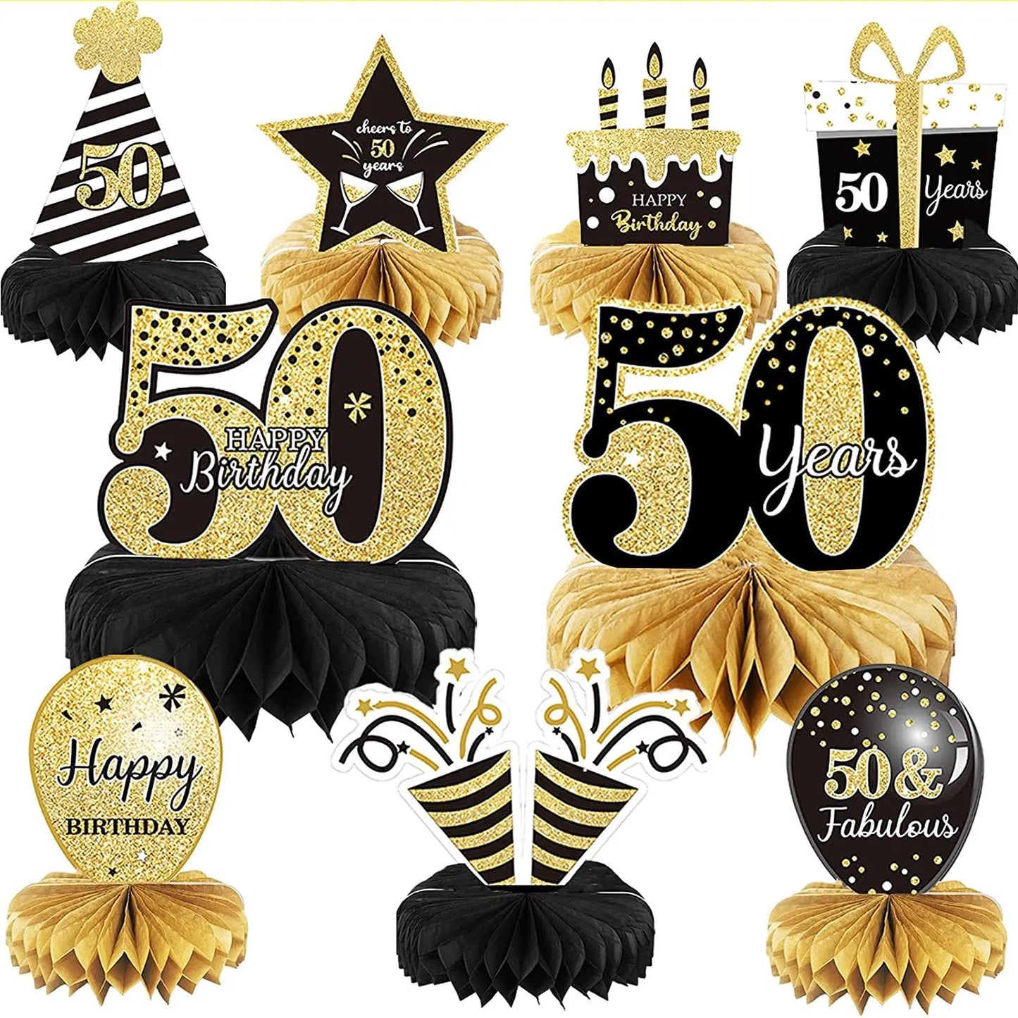Birthday Party 2 Pieces 50st Honeycomb Center Piece 50st Black Gold Birthday Decoration 50th Honeycomb Men's and Women's Birthday Party Honeycomb