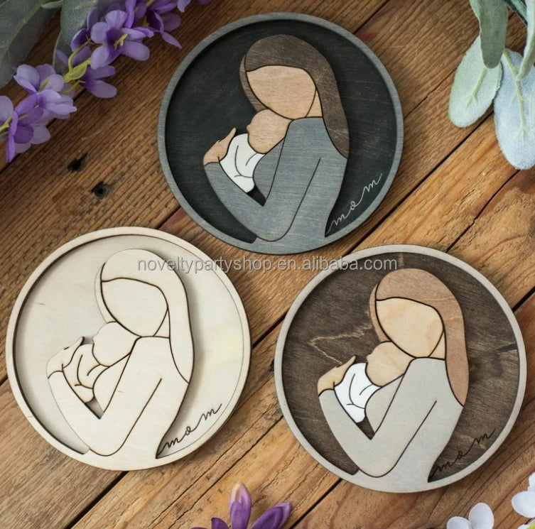 Novelty custom wood laser cutting engraving round gift mom 3D line art