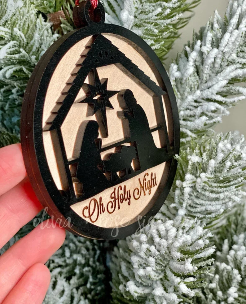 Wooden silent night Christmas tree decoration handmade 2 layer wise man Christmas scene Christmas pendant