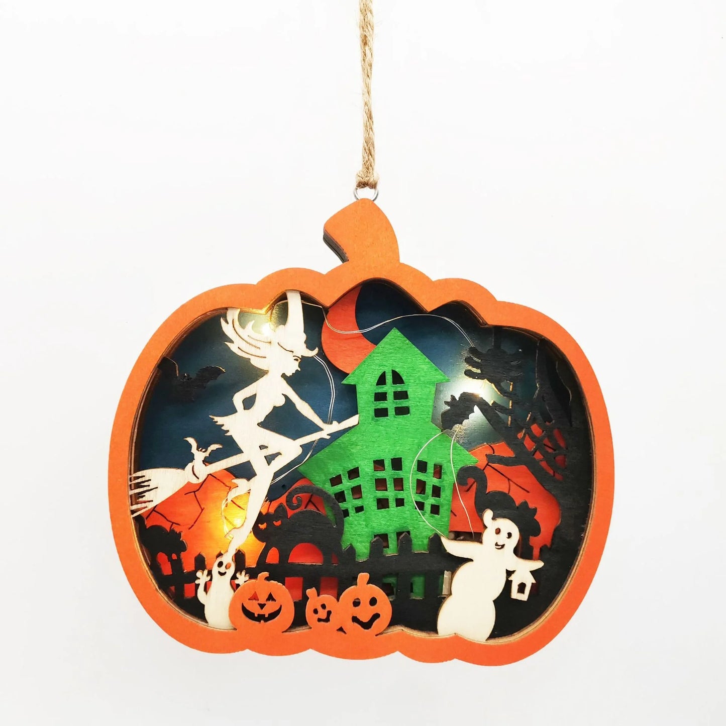 Wooden crafts, halloween jack-o-lantern wooden pendant wooden pumpkin ornament wood carving pattern decoration with lamp