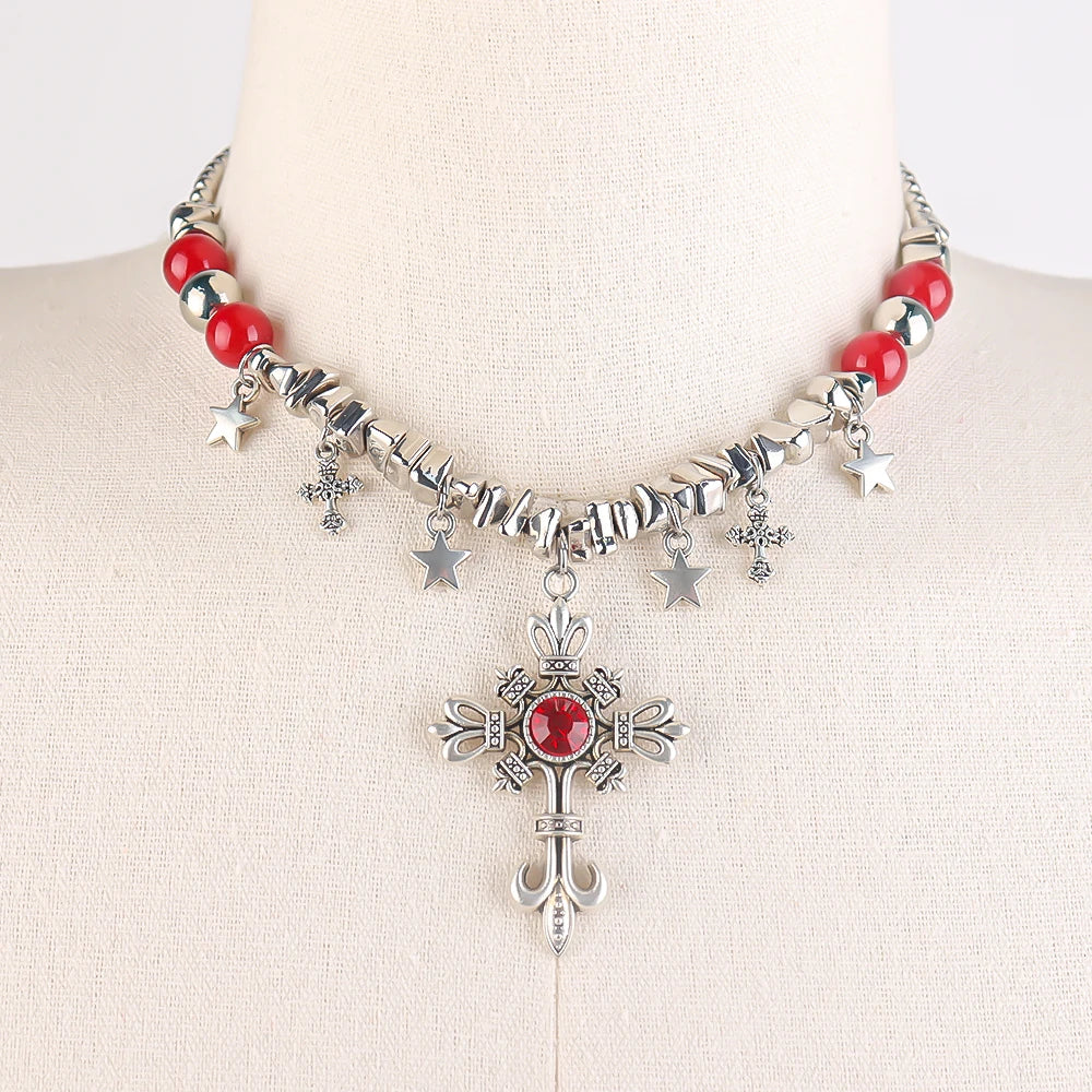 Halloween & Day of the Dead Gothic Cross Necklace Silver Pendant with Black or Red Glass Stone