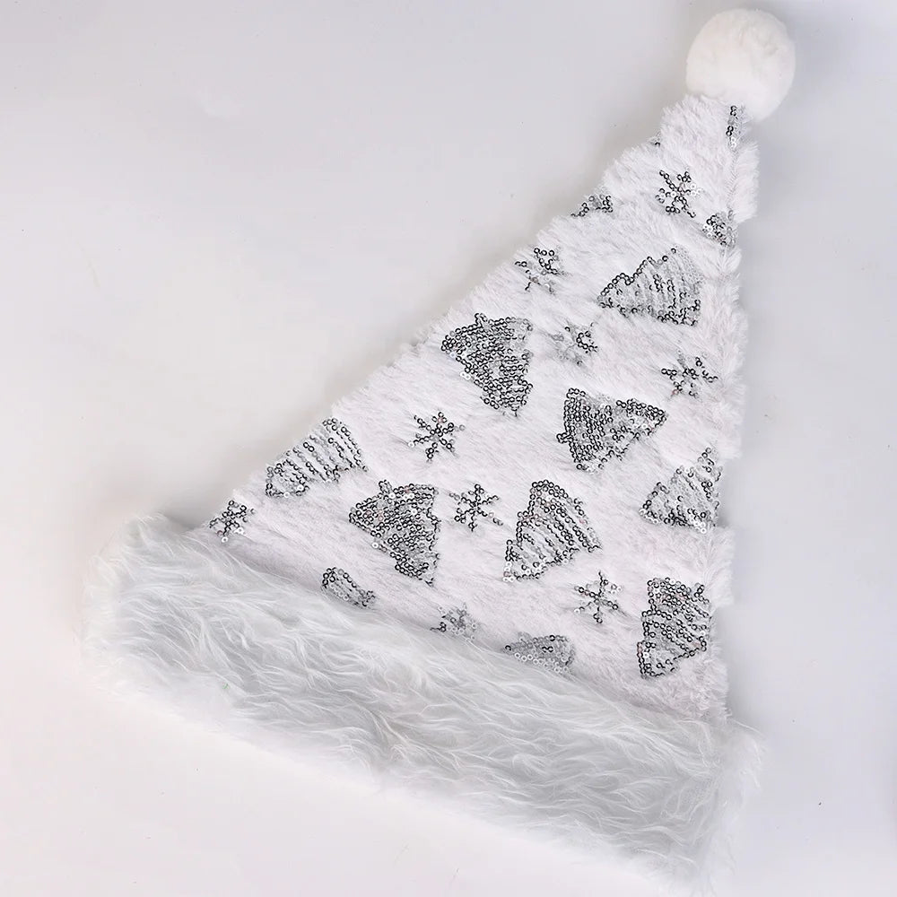 White Santa Snowflake Christmas Hat White Silver Sequin Snowflake Santa Hat