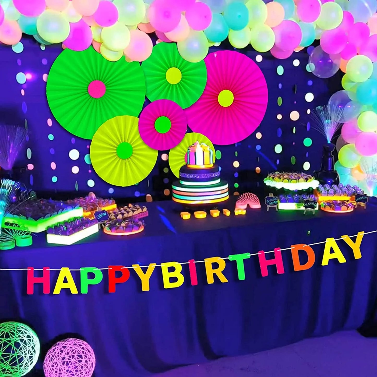 Birthday Party 2 Glow Party Supplies Neon Decoration Happy Birthday Banner Hanging Swirl Fluorescent Balloon Star Cake Top Hat Paper Glow Party