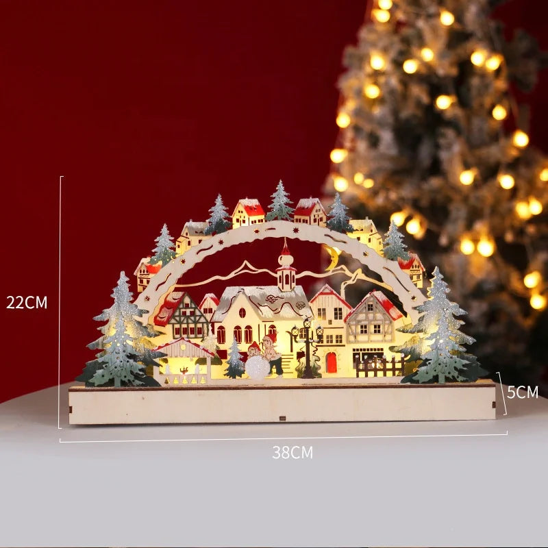 Laser 3D Hollow Wooden Christmas Village Scene Design Luminous Home Decoration Creative Christmas Light Emitting Diode Wooden Dining Table Ornament