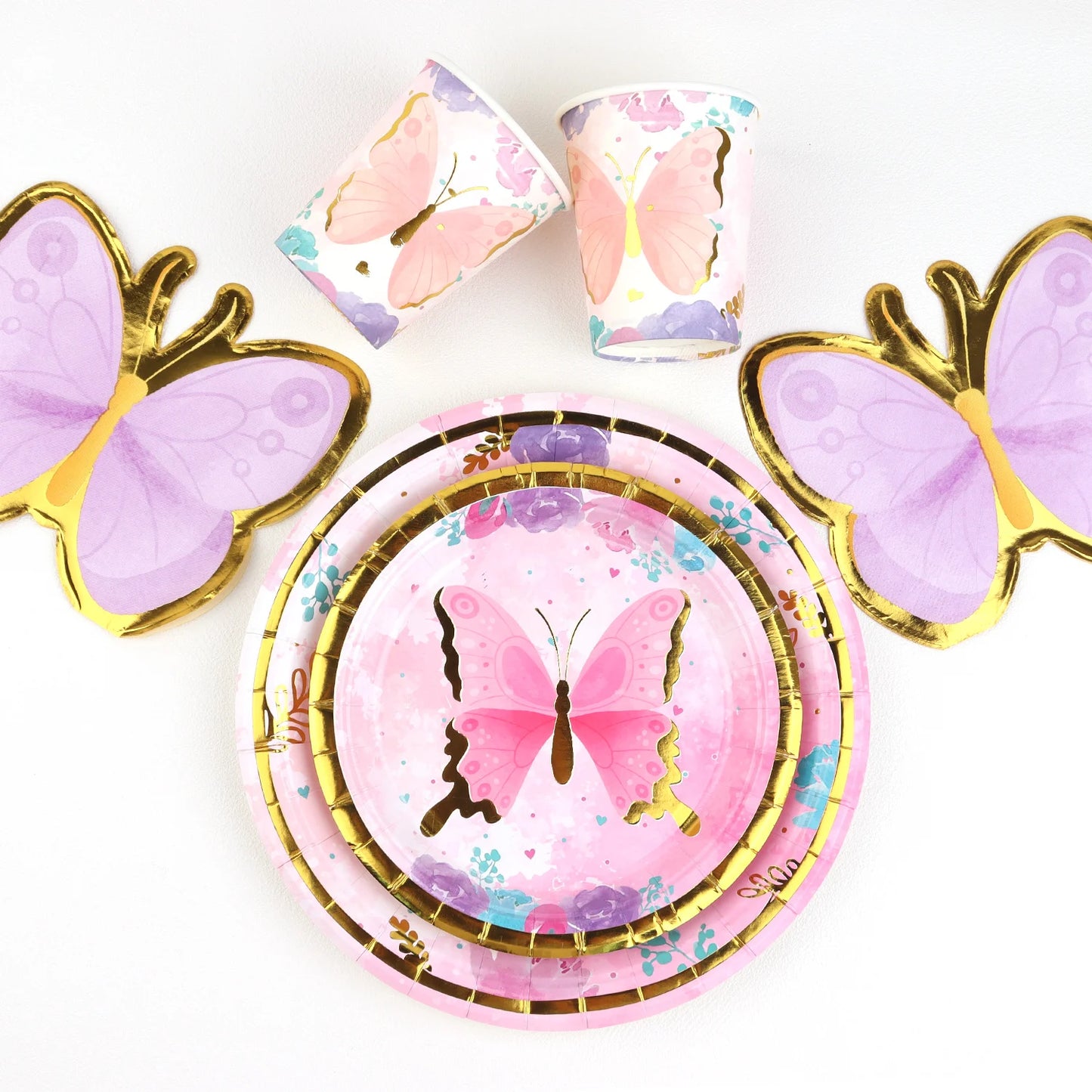 Festa de aniversário 2 convidados, prato de festa de aniversário, canecas, suprimentos descartáveis ​​para festa, prato de borboleta, fada, conjunto de talheres para crianças e despedida de solteira 