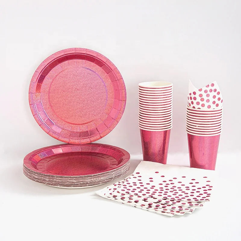 Birthday Party 2Hot pink Disposable Party Cutlery 7in Dessert Plate Eco Friendly Paper Dinner Plate 9 oz Cups Napkin pink Party Dinnerware Decor