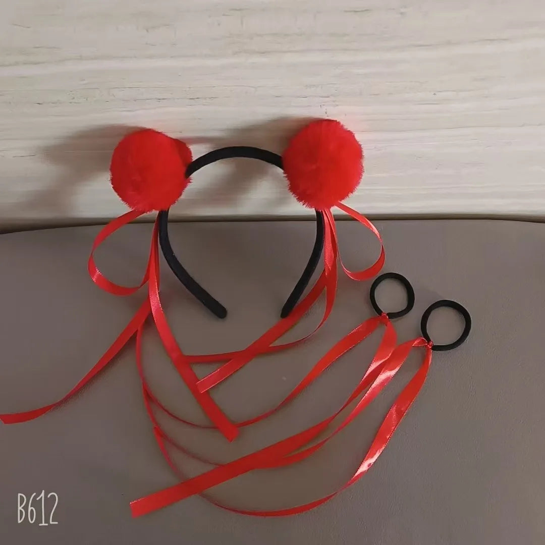Wholesale 2025 headband children role play decoration red and black hair accessories cute fluff cartoon headband
