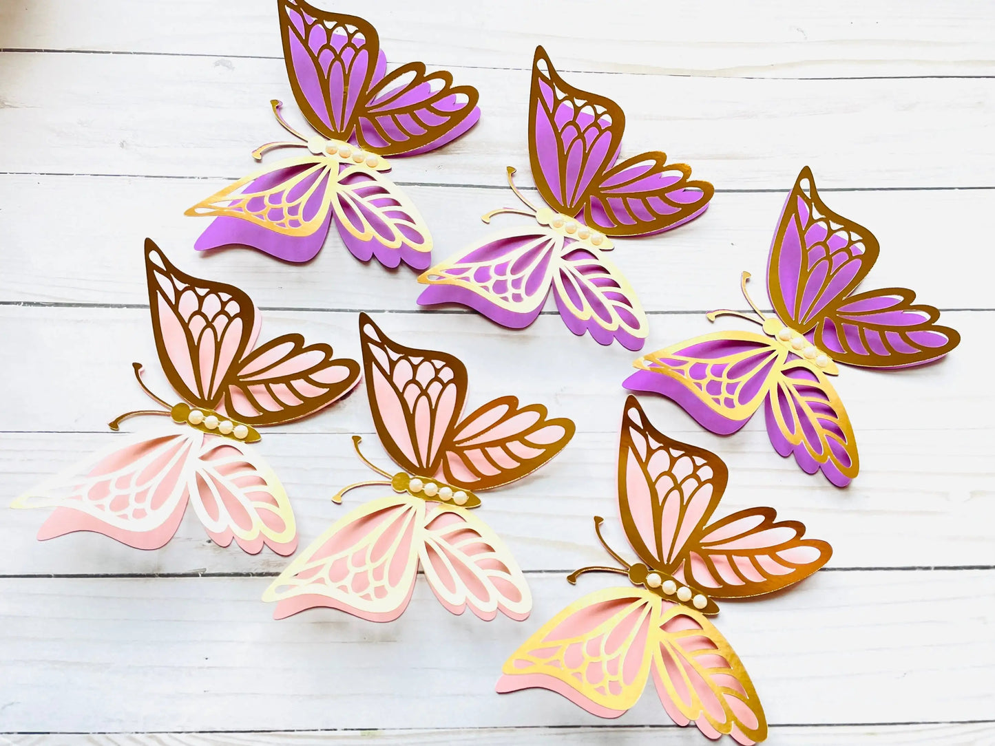 Birthday Party 2 Novelty Butterfly Cupcakes Decoration Pink and Gold Paper Butterfly Stickers Bedroom Hollow Pearl Butterfly Mural Decals